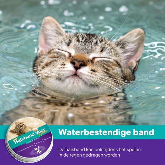Katje zwemt in water met gesloten ogen. De halsband is waterdicht. Tekst: "Waterbestendige band".