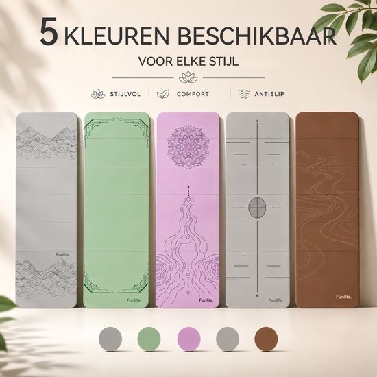 Vijf opvouwbare yogamatten in het grijs met bergmotief, groen, roze met bloem, grijs met lijnen en bruin met golven.