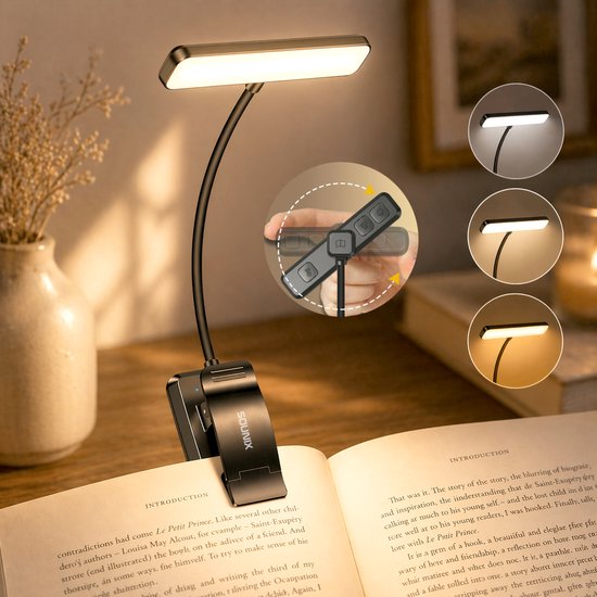 Sounix LED Leeslampje voor Boek met Klem - 315° draaibaar Leeslamp - 24 LED - Boeklampje met 3 Lichtstanden - Oplaadbare boeklamp USB - Dimbaar - Zwart
