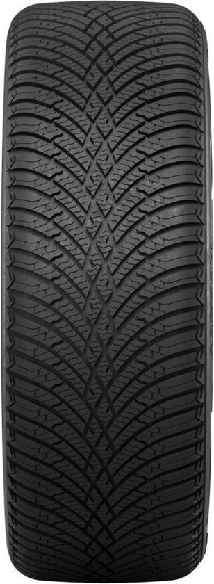 Een zwarte all-season autoband met een symmetrisch profiel voor optimale grip.