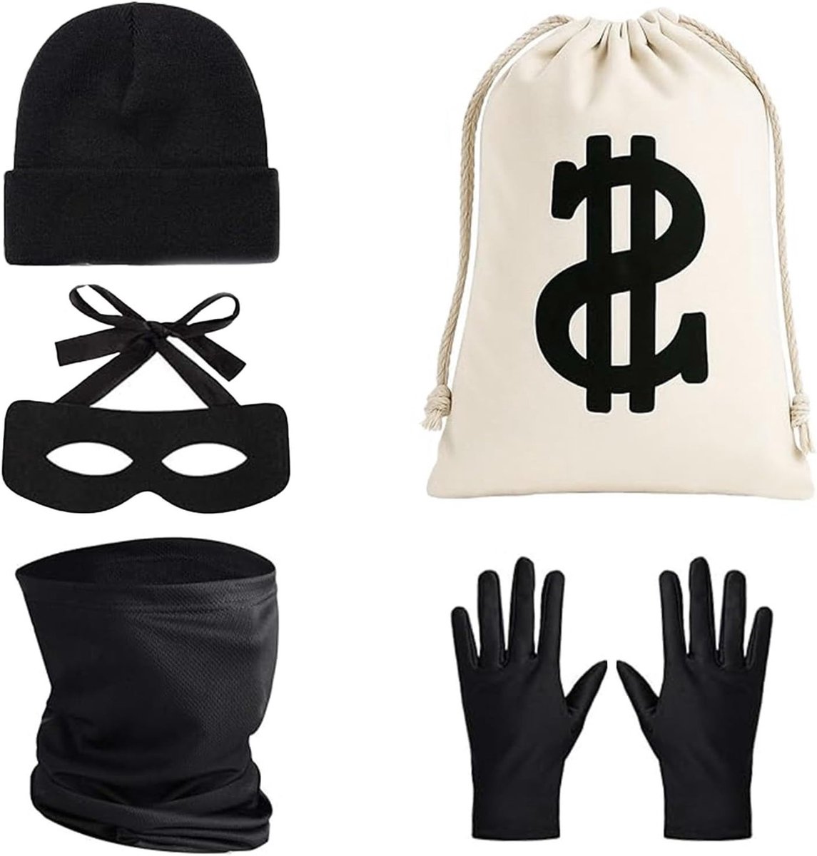 Volledige Set van 6 Accessoires voor Volwassenen: Gebreide Muts, Handschoenen, Tassen en Maskers voor Bankoverval Kostuum voor Carnaval en Halloween