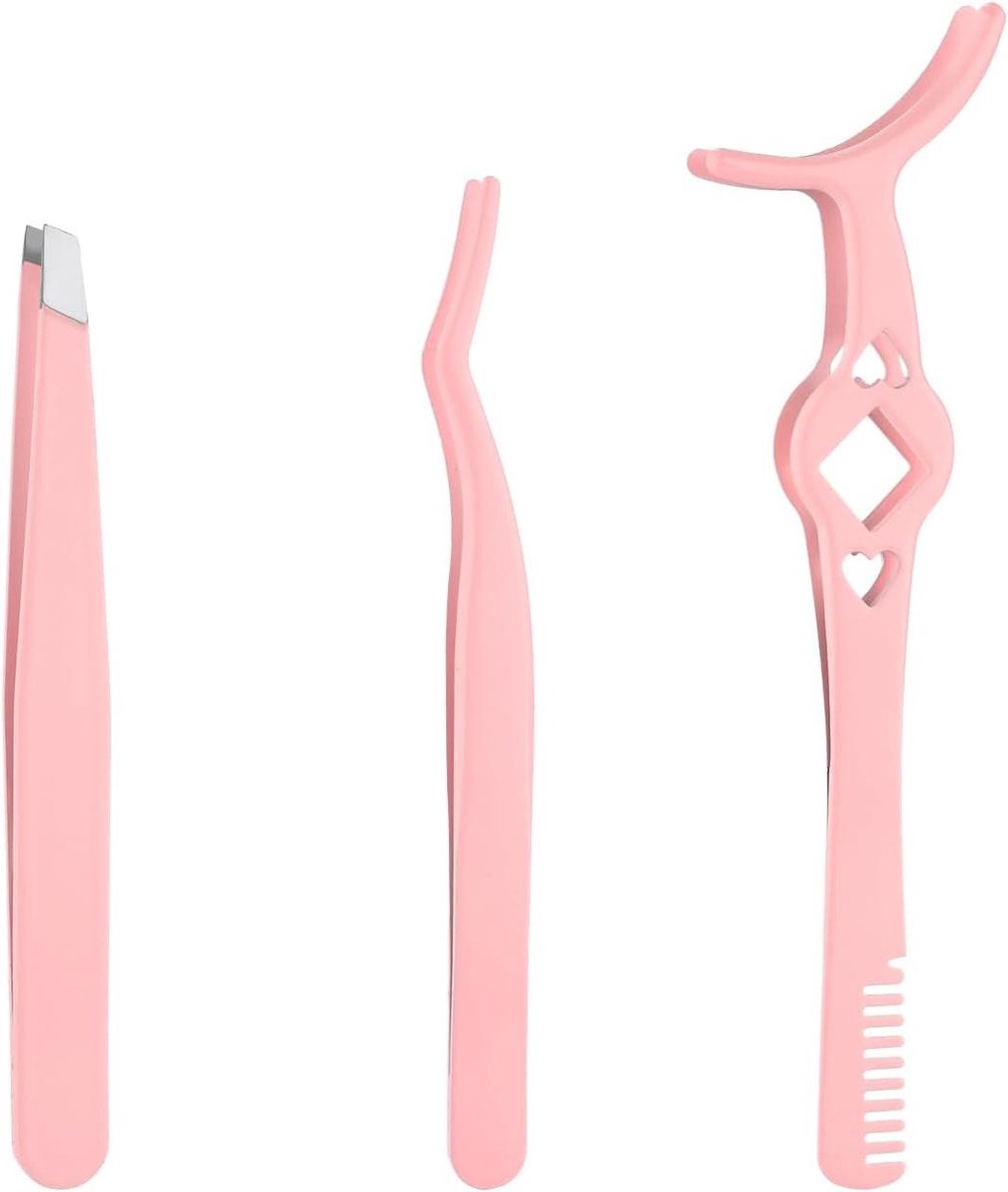 Wimperpincetten Set - Wimper Applicator Tool - Nepwimpers Aanbrengen - Roestvrij Staal Met Kam - 3 Stuks - Roze