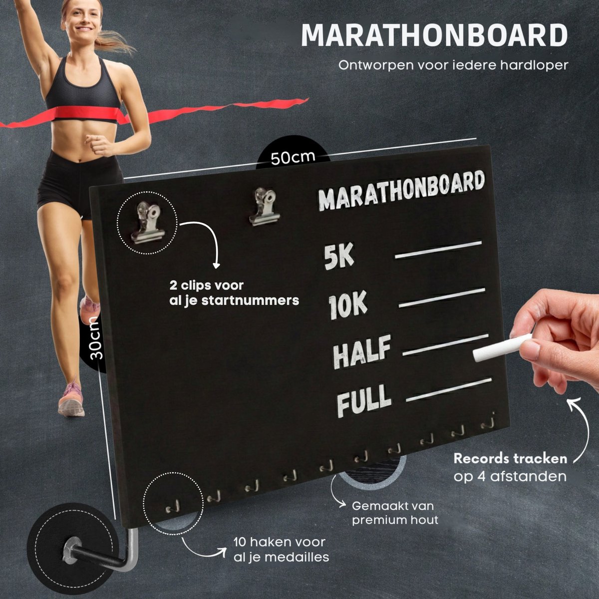 Porte-médailles Mural Niciksty – Avec Marqueur Craie, Crochets Pour Dossards, Métal Solide – Cadeau Runner, Marathon, Triathlon