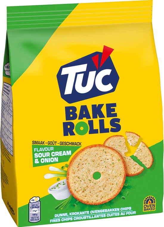 TUC Bake Rolls Zakje Sour Cream & Onion. Oven baked. Dunne, krokante ovengerechten chips.