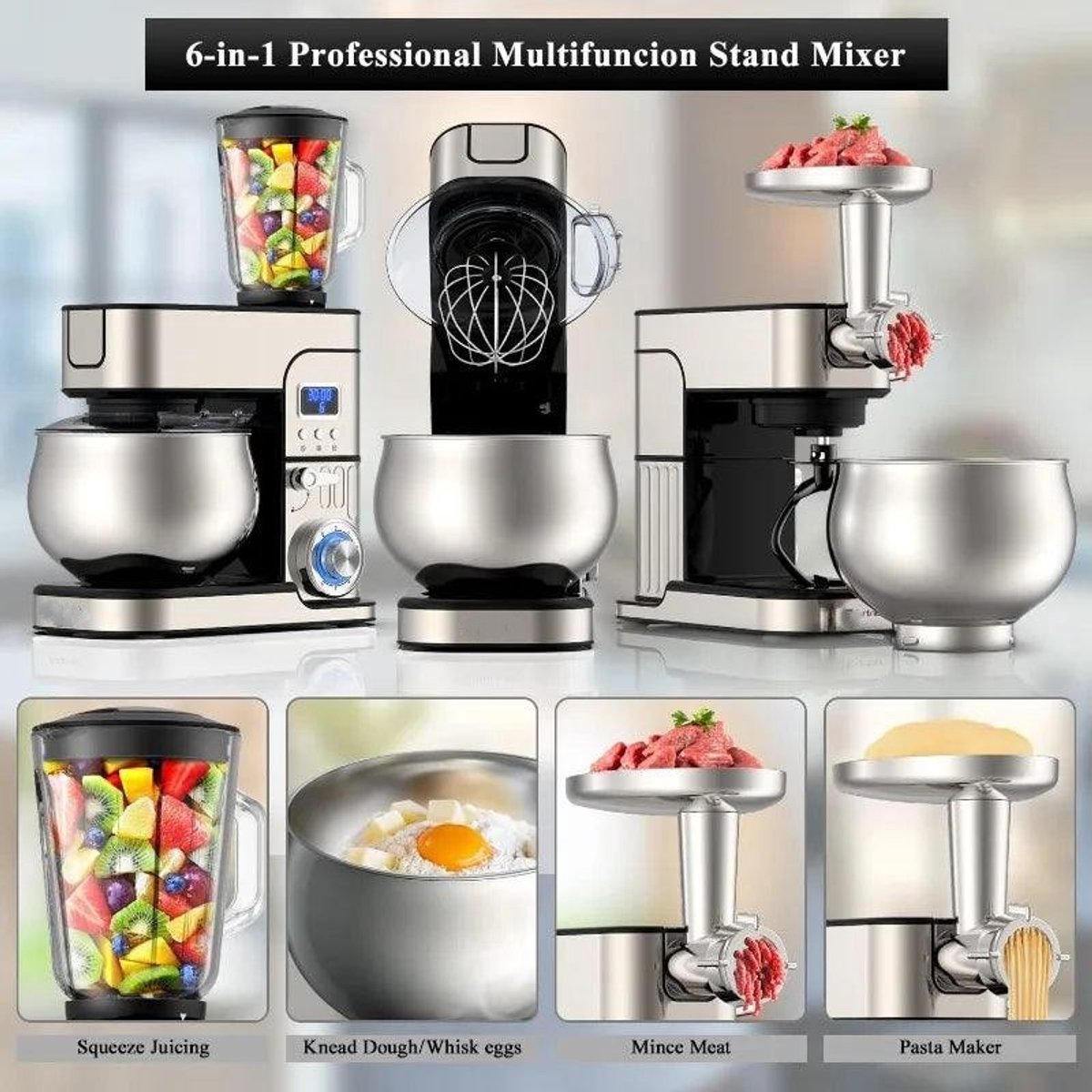 Swiss Haus® KM2206BG Keukenmachine 1300W – 6L RVS Mengkom – Keukenrobot met Timer & LED Display – Foodprocessor met Blender 1.5L & Vleesmolen – 6 Snelheden + Pulse – RVS — afbeelding 3