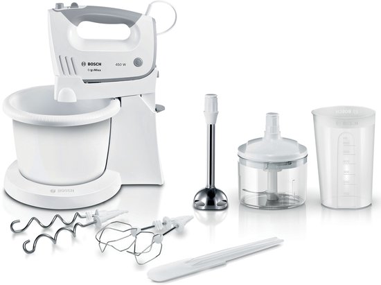Witte Bosch handmixer met schaal, staafmixer, hakmolen, maatbeker, deeghaken en gardes.