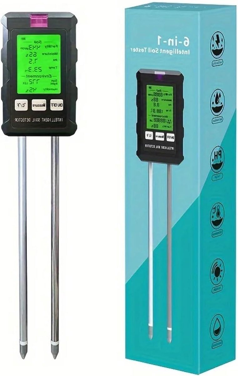 Bodemtester 6-in-1 - Bodemvochtmeter pH-meter - Plantenverzorging Tuinieren - Batterijvrij Milieuvriendelijk - 2.54 x 2.54 x 2.54 cm - Grijs