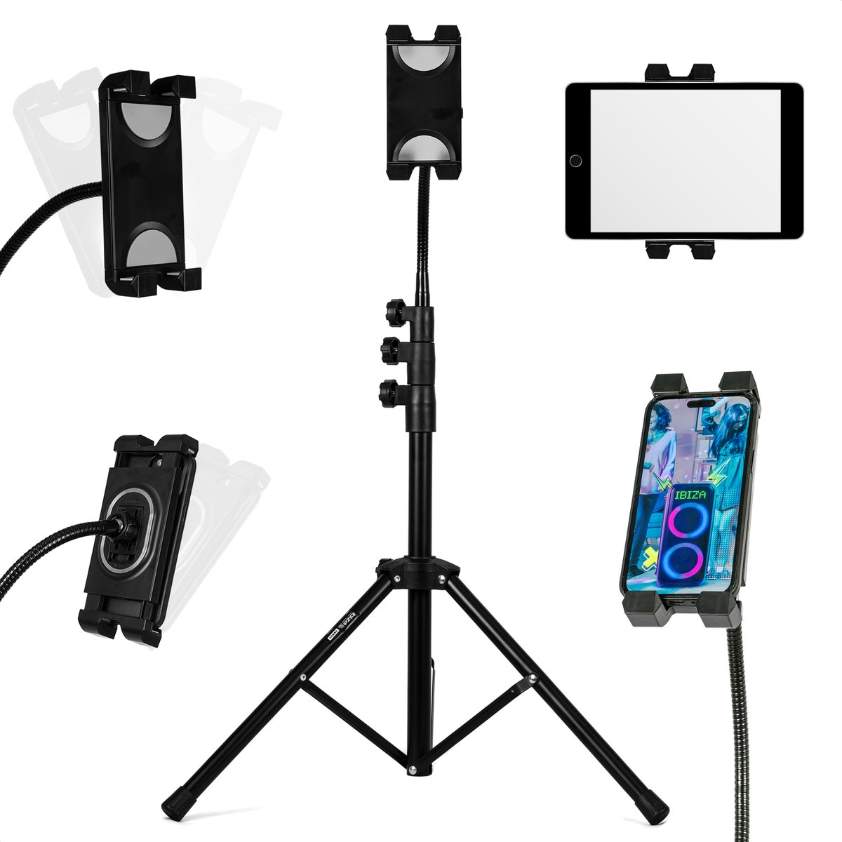 Ibiza - SMM20 - Flexibel Telescopisch Statief voor Smartphone en Tablet - 360° Rotatie, Verstelbare Arm, 55 tot 165 cm - Tas Inclusief