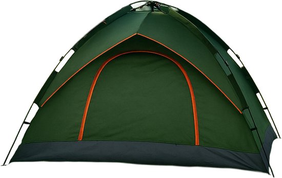 Groene pop-up tent met oranje biezen en een donkergrijze onderkant.