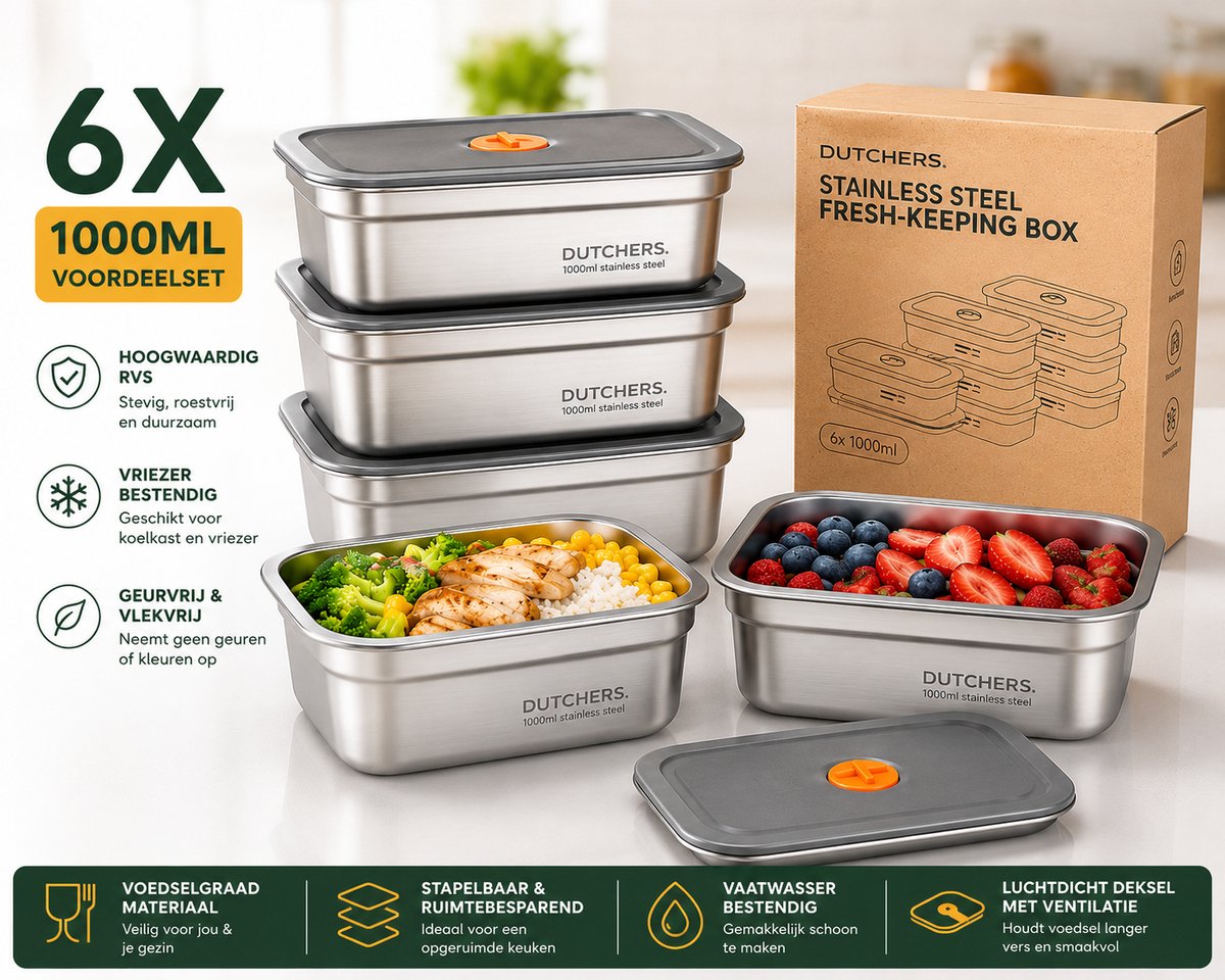 Dutchers® 6 Stuks Duurzame RVS Vershoudbakjes - 1000ml - Lekvrij - Lunchtrommel - Roest vrij staal Lunchbox - Hermetic Lunch Box - Meal Prep Bakjes - Broodtrommel Groot - Food Storage Containers