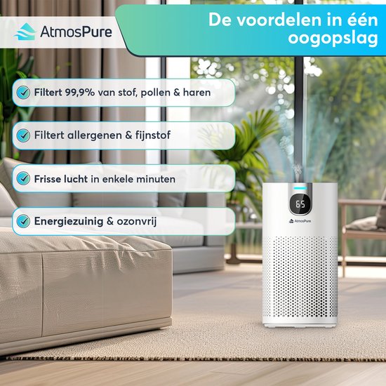 AtmosPure® CleanAir Luchtreiniger - Air Purifier met vervangbaar HEPA 13 + Koolstof filter - CADR 250 m³/h - Wit - Voor 98 m² - Filtert pollen, huisstofmijtallergenen en fijnstof - 3 standen + stille slaapstand - Luchtkwaliteit Sensor