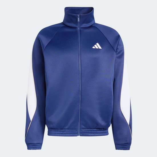 Donkerblauwe sportjack met witte, gebogen accenten op de mouwen en een wit Adidas logo.