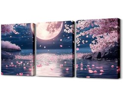 Homewish Canvas muurkunst met kersenbloesem, set van 3 stuks, Japanse stijl schilderij voor woonkamer, slaapkamer, traditionele maanposterprints, dromerige sterrenhemel schilderijen wanddecoratie