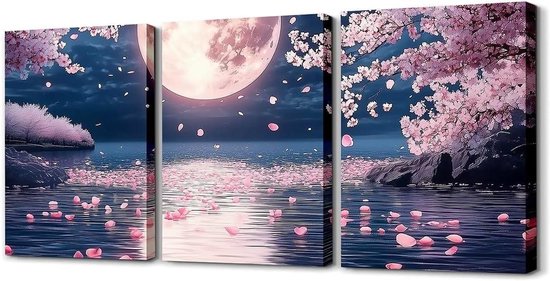 Homewish Canvas muurkunst met kersenbloesem, set van 3 stuks, Japanse stijl schilderij voor woonkamer, slaapkamer, traditionele maanposterprints, dromerige sterrenhemel schilderijen wanddecoratie