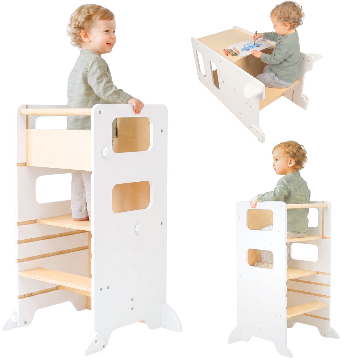 Dastium Kids - 3-IN-1 Leertoren - Kantelbare Keukenhulp - Keukentoren - Hoge Stoel - Speeltafel - Learning Tower - Leertoren Verstelbaar - Wit & Naturel