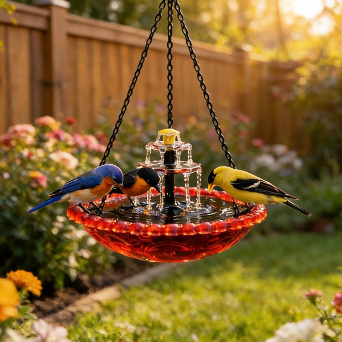 Hangend Vogelbadje met Solar Fontein - Vogelbad - Vogelbadjes Buiten - Insectenvoederhuisje - Wildlife Vogeldrinkschaal voor Tuinvogels - Decoratie voor terras en tuin - Rood