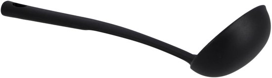 Louche noire avec manche incurvé et extrémité arrondie.