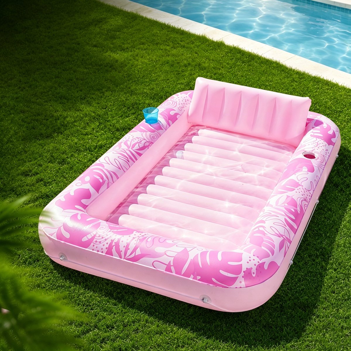 Luchtbed - Tanning luchtbed - Tanning pool - Comfortabel Luchtbed Zwembad - Met Bekerhouders - Opblaasbare mat / ligstoel voor in de tuin en op het strand - 177 x 116 cm - Roze