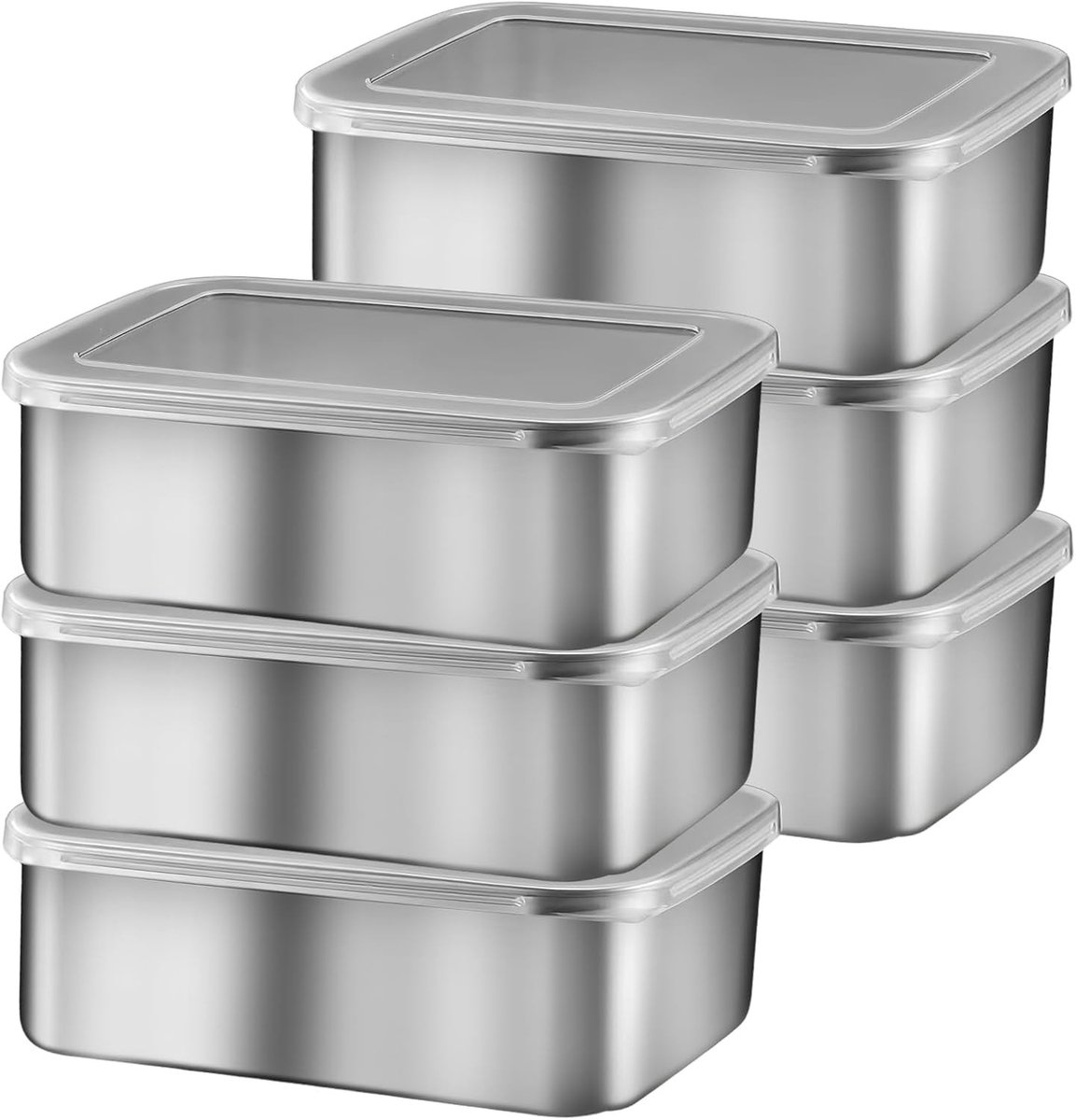 Set van 6 RVS Voedselopslagboxen met Deksel - 1100ml, Stapelbaar en Vaatwasserbestendig