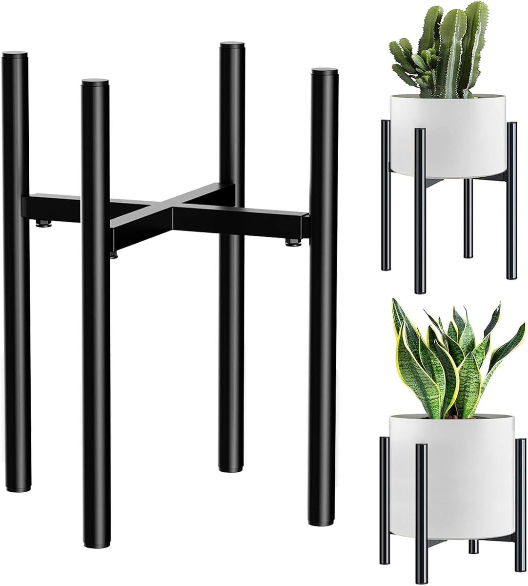Famanu – Bloemenstandaard, zwart, verstelbare metalen plantenstandaard, bloempothouder voor binnen en buiten, 21 cm - 35 cm