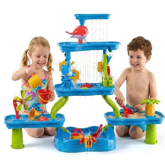 Table de sable et d'eau 5 couches XXL – Table de jeu d'eau pour enfants avec cascade, parcours d'eau, ensemble de jouets de sable – Jouet d'extérieur pour jardin et plage – Jouet éducatif pour tout-petits – Table de jeu d'eau avec accessoires