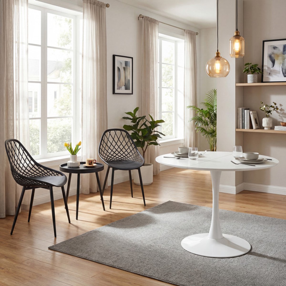 EGGREE Combinatieset: 3-delige tafel- en stoelenset + Ronde Witte eettafel - Salontafel bijzettafel - Geschikt voor woonkamer, slaapkamer, lounge, eetkamer en kantoor - 80 x 80 x 73 cm - Tafelblad met gesplitst ontwerp zwart