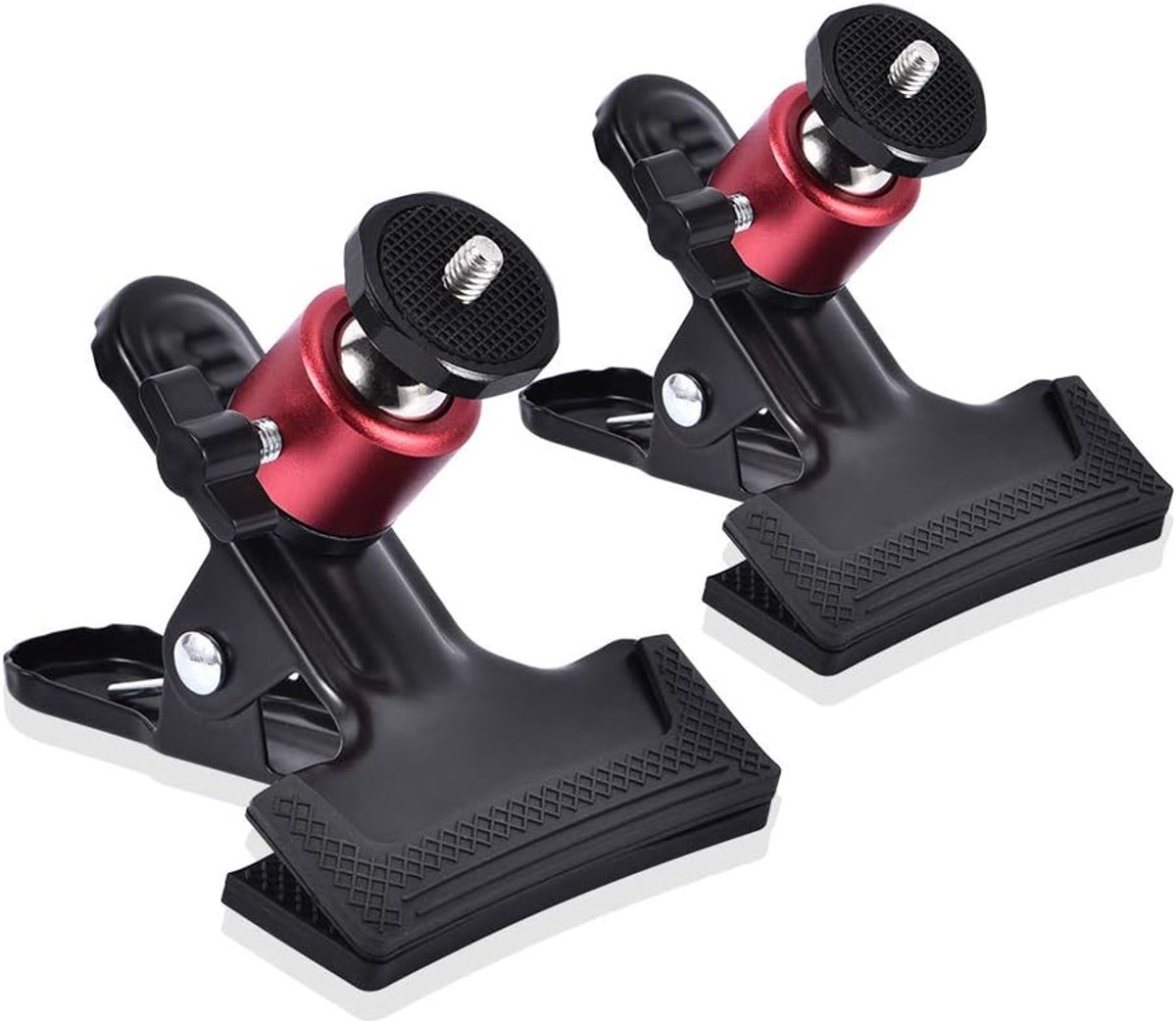 Statief camera klemhouder met 360° draaibare mini kogelkop, 2 stuks camera klemmont, fotografie accessoire met 1/4'' schroef, zwarte veerklem voor DSLR, video-opnames en studio gebruik.
