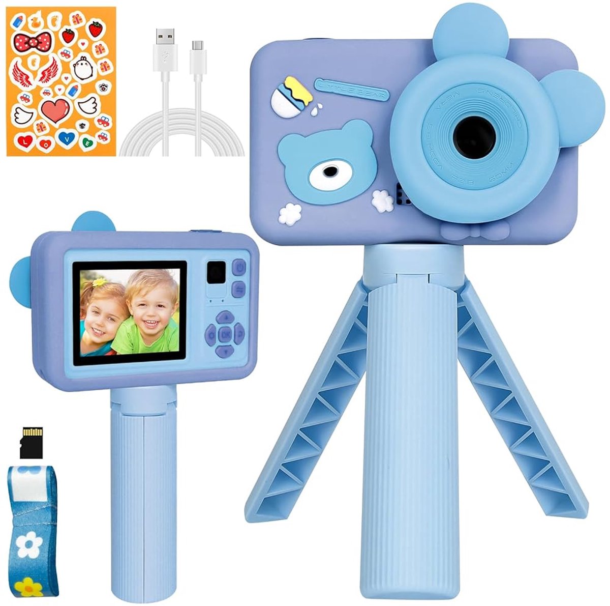 Kindercamera met Statief - Digitale Camera voor Kinderen 3-12 Jaar - 1080P HD - 2" Scherm - 32GB SD Kaart - Stickers & Polsbandje - Cadeau voor Meisjes en Jongens - Blauw
