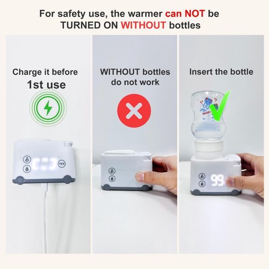 Gebruiksaanwijzing van flessenwarmer: opladen, zonder fles, en met fles ingebracht, met digitale display.