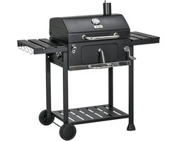 Houtskoolbarbecue - Grillwagen - Tuinbarbecue - Twee roosters - Inklapbare zijtafels - Opbergplank - Handvat - Buiten koken - 120x64x114cm - Zwart