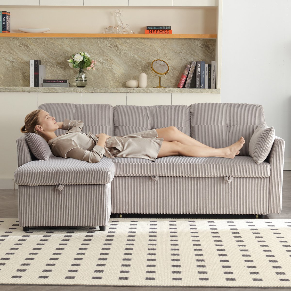 Multifunctionele slaapbank met opbergruimte en uitschuifbaar bed, chaise longue die kan worden omgebouwd tot slaapbank, hoekbank met opbergruimte in de zitgedeeltes, modulaire L-vormige bank, modulaire hoekbank voor de woonkamer