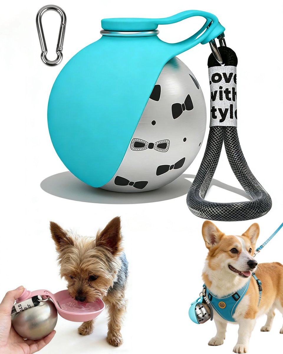 Drinkfles voor huisdieren - 2-in-1 draagbare drinkfles voor honden - Draagbare en opvouwbare drinkfles voor huisdieren - Ronde roestvrijstalen behuizing met siliconen kom - Bedrukt patroon - Lekvrije afsluiting - 285 ml - Compact en draagbaar