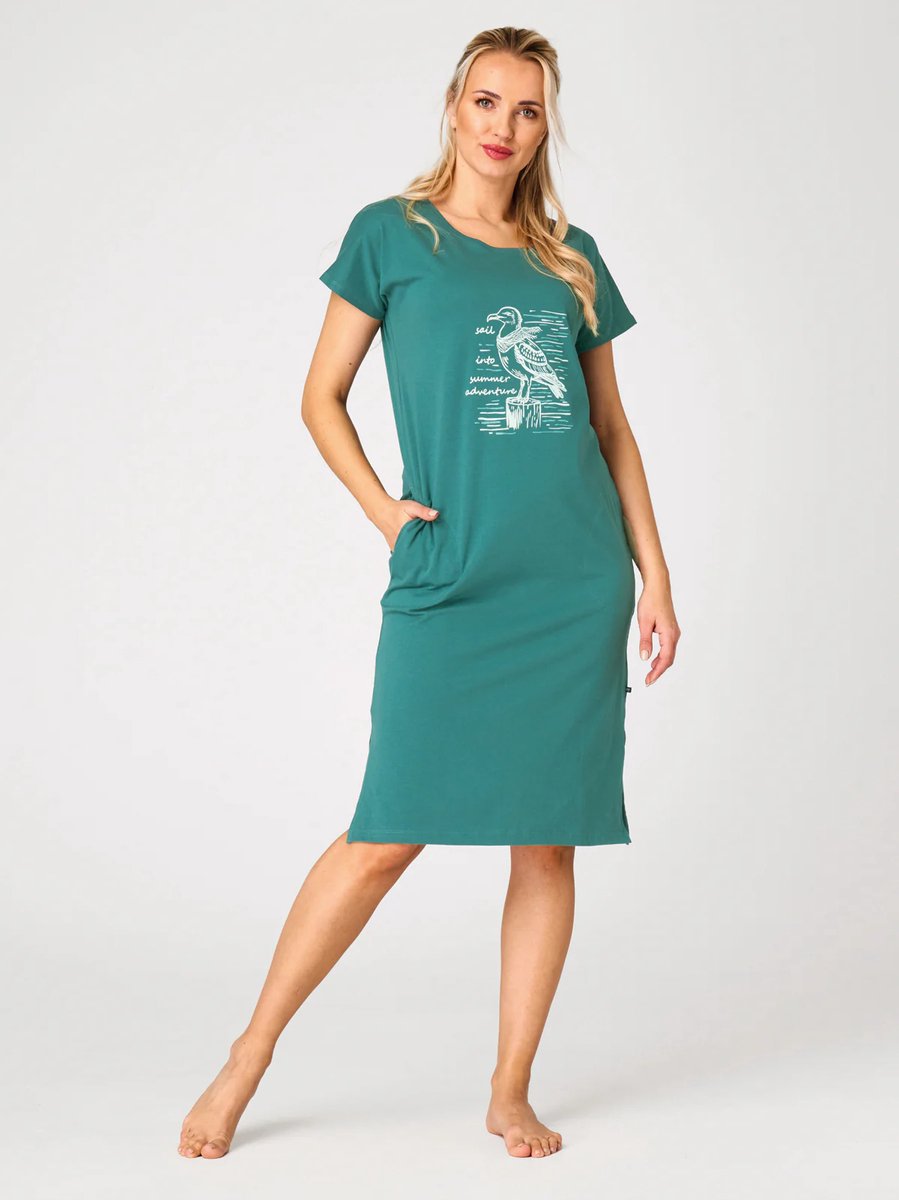 Key Katoenen Dames Nachthemd Lang Korte Mouw Zomer Print Petrol LHD 740 40 / Turquoise