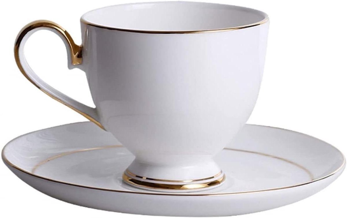 Espressokopjes met Schotels - Koffiekopjes Porseleinen Kopjes - Koffie Specialiteiten Drinken - Gouden Rand Design - 150 ml - Wit