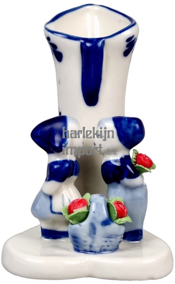 Harlekijn porselein vaas speelgoed decoratie met kuspaartje en tulpen.