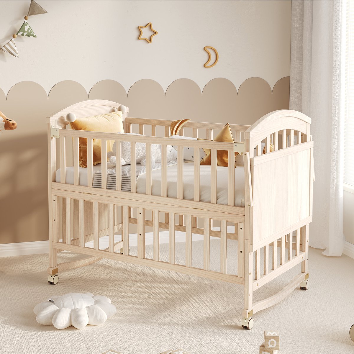 Babybed ROLIPO - massief houten ledikant, in hoogte verstelbaar, ombouwbaar tot aanschuifbed en bankje, afneembare zijkant, zonder matras, naturel - 162x60x95 cm