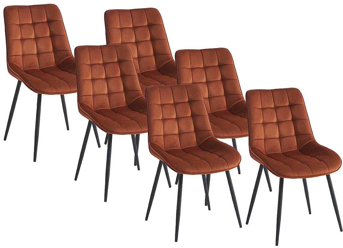Vente-unique Set van 6 gewatteerde stoelen - Fluweel en zwart metaal - Terracotta - OLLUA