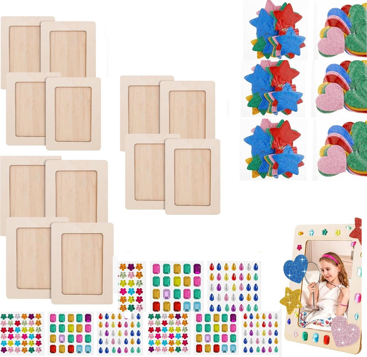 12-delige DIY houten fotolijstjesset - Buitenframe 20 × 15 cm - Binnenframe ca. 15,6 × 10,8 cm - Inclusief stickers - Om zelf te maken - Stimuleert de fantasie - Houtkleur
