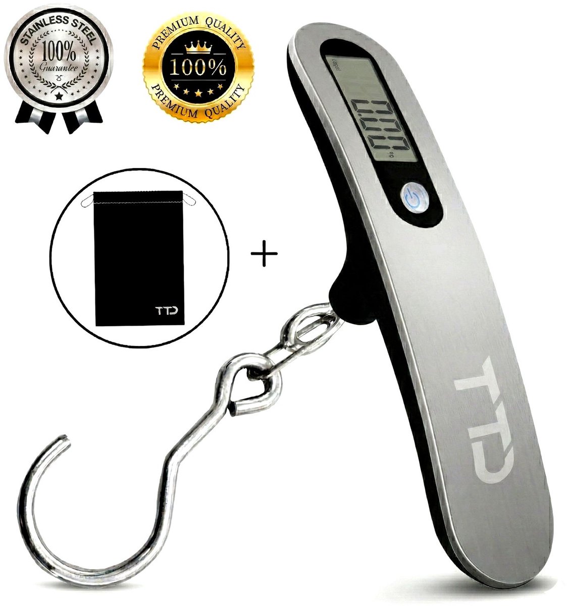 TTD® Kofferweegschaal met Haak en Travel Bag - Weegcapaciteit 50 kg - Bagageweegschaal - Bagageweger - Hangweegschaal - Digital Luggage Scale - Kofferweger - Reizen met Vliegtuig - kg/g/lbs/oz - Inclusief Batterijen - Zwart