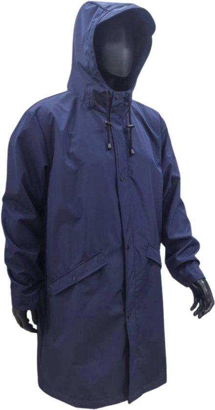 Donkerblauwe regenjas met capuchon, drukknoopsluiting en twee klepzakken.