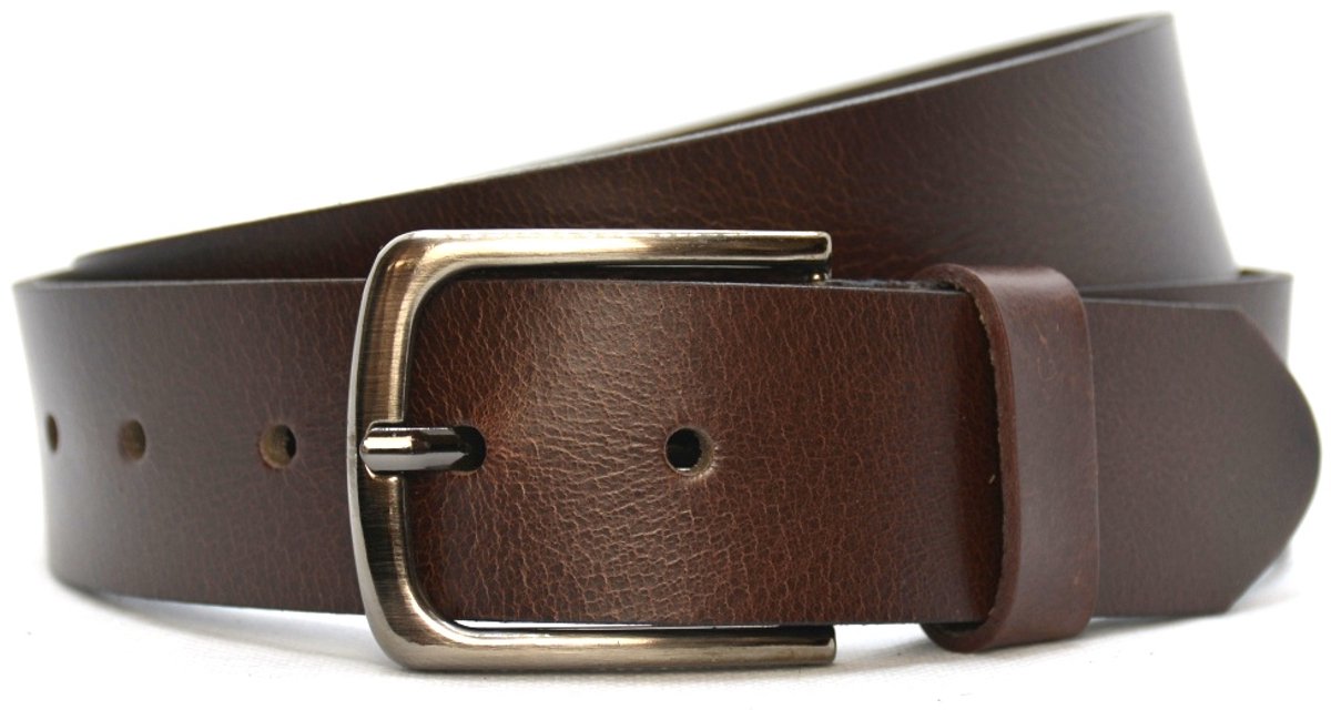 Stoere Leren Heren Riem | Kleur: Bruin | 4cm breed | Donkere Gesp | Riemmaat: 115cm (totale lengte: 130cm) | 100% echt leer | Nikkelvrije gesp