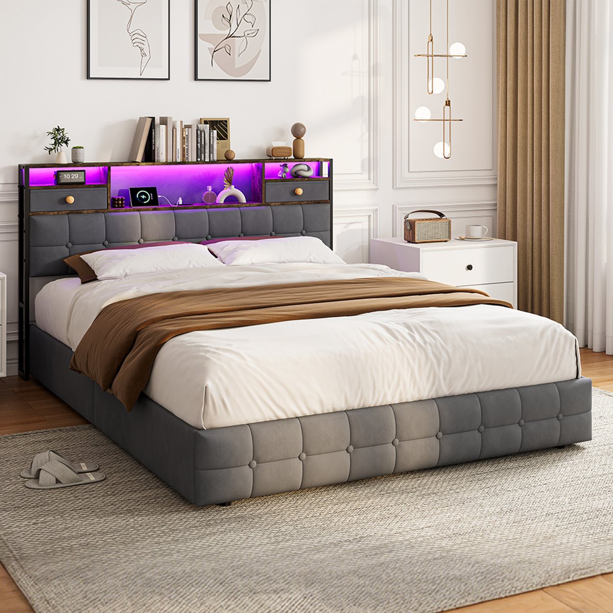 ROSAHQNDA Gestoffeerd bed 160x200cm met LED-verlichting, modern bed met hoofdbord en 2 lades, gestoffeerd hydraulisch opbergbed, fluwelen stof, grijs, zonder matras