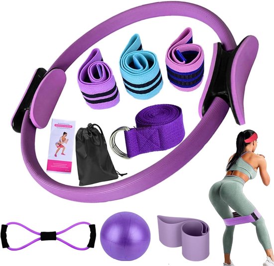 Pilates Set 11-Delig Paars – Pilates Ring 38 cm & 3 Fabric Weerstandsbanden 3 Sterktesniveaus – Yogabal 25 cm Stretchband 183 cm & 8-Vorm Weerstandskoord – Inclusief Opbergtas & Instructieboekje – Complete Thuistraining Core Billen Benen & Armen