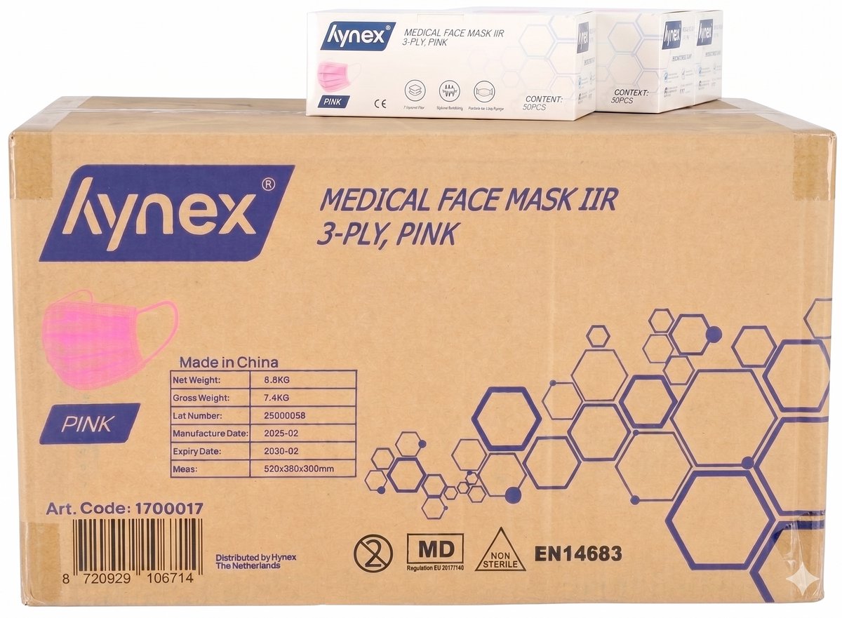 Hynex Mondmasker Type IIR 3 laags - Medische wegwerp mondkapjes Roze - 1 doos a 2000 stuks