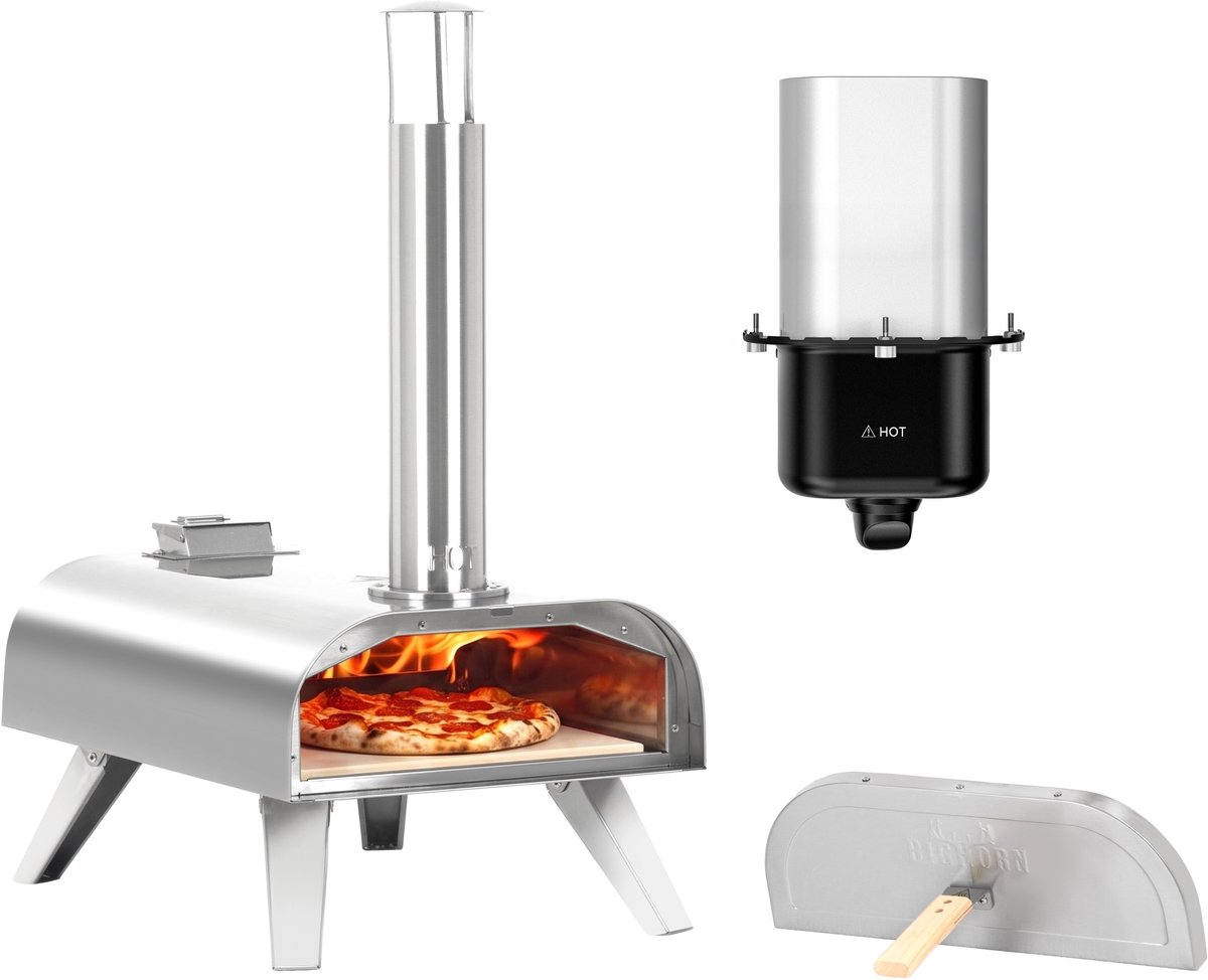 BIGHORN Dual-Fuel Pizzaoven Gas & Pellet 4.0kW – 12 Inch, met Pizzasteen & Draagtas, roestvrij staal