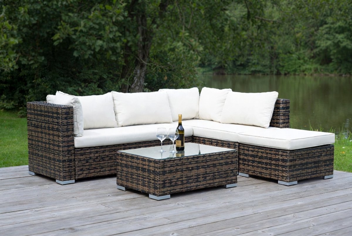 Luxe XL Polyrotan Hoek Loungeset 16-delig met Kussens & Glazen Tafel – Weerbestendige Tuinmeubelen Modern Design Zwart / Crème – Industrohome