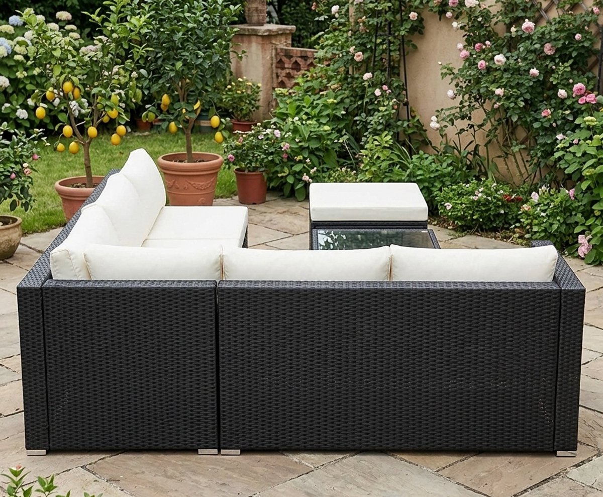 Luxe XL 16-Delige Corner Lounge Set Zwart/Cream – Poly Rattan Tuinset L-Vorm met Extra Dikke Kussens & Glazen Tafel – Weerbestendige Tuinmeubel Set voor 5 Personen Tuin, Terras & Balkon-Industrohome