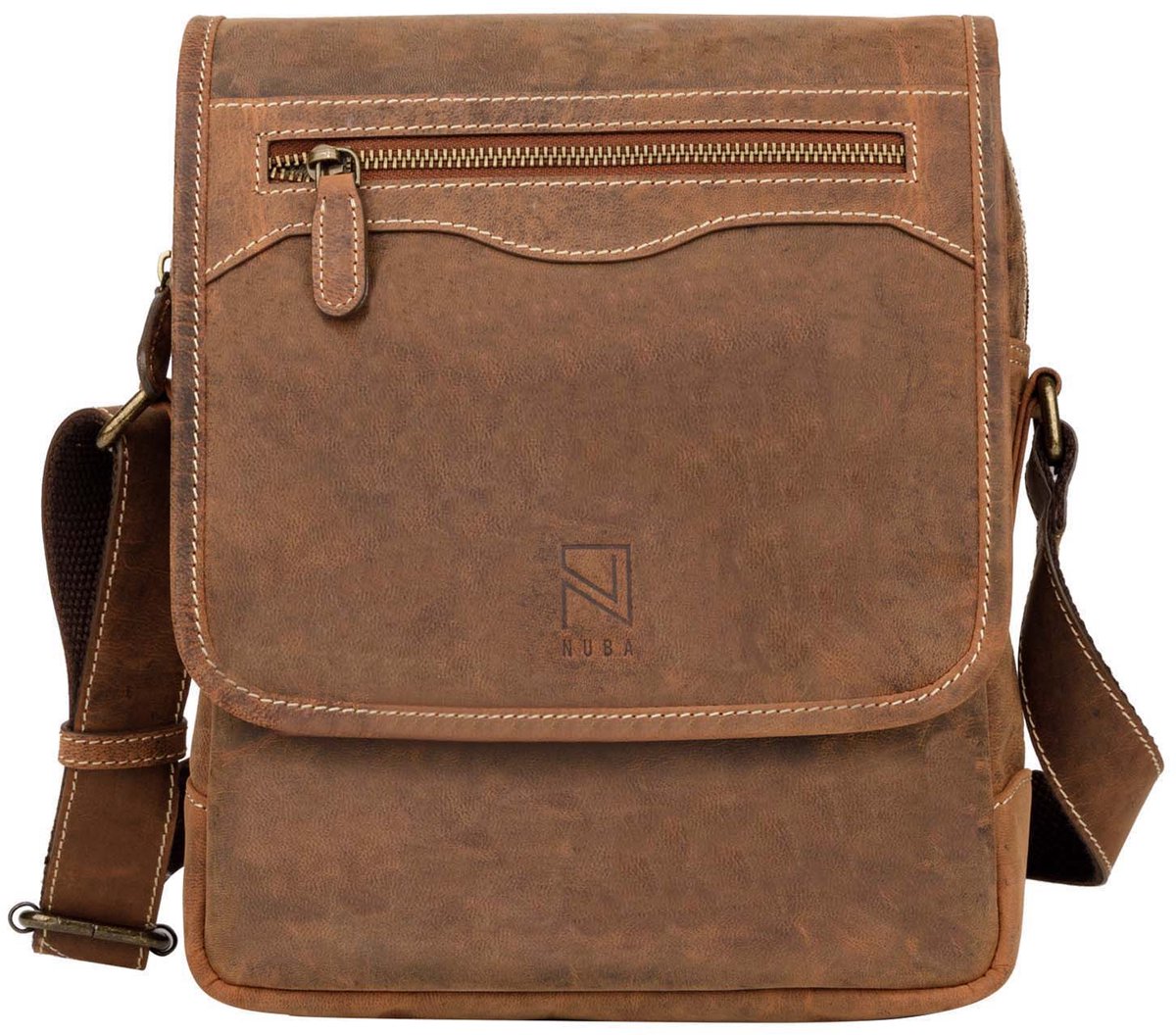 NUBA Schoudertas Leren tas Hunter - crossbodytas 100% Leer - Nature 3337 - Buffelleer tas middelgroot - Bruin Cognac