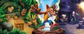 Een banner met Crash Bandicoot in het midden, Coco Bandicoot links en Dr. Cortex rechts. Jungle aan de linkerzijde, laboratorium aan de rechterzijde.