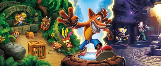 Een banner met Crash Bandicoot in het midden, Coco Bandicoot links en Dr. Cortex rechts. Jungle aan de linkerzijde, laboratorium aan de rechterzijde.